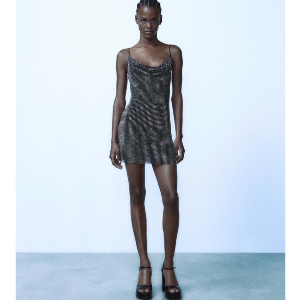 NWT ZARA BLACK TULLE RHINESTONE MINI DRESS - Picture 4 of 9